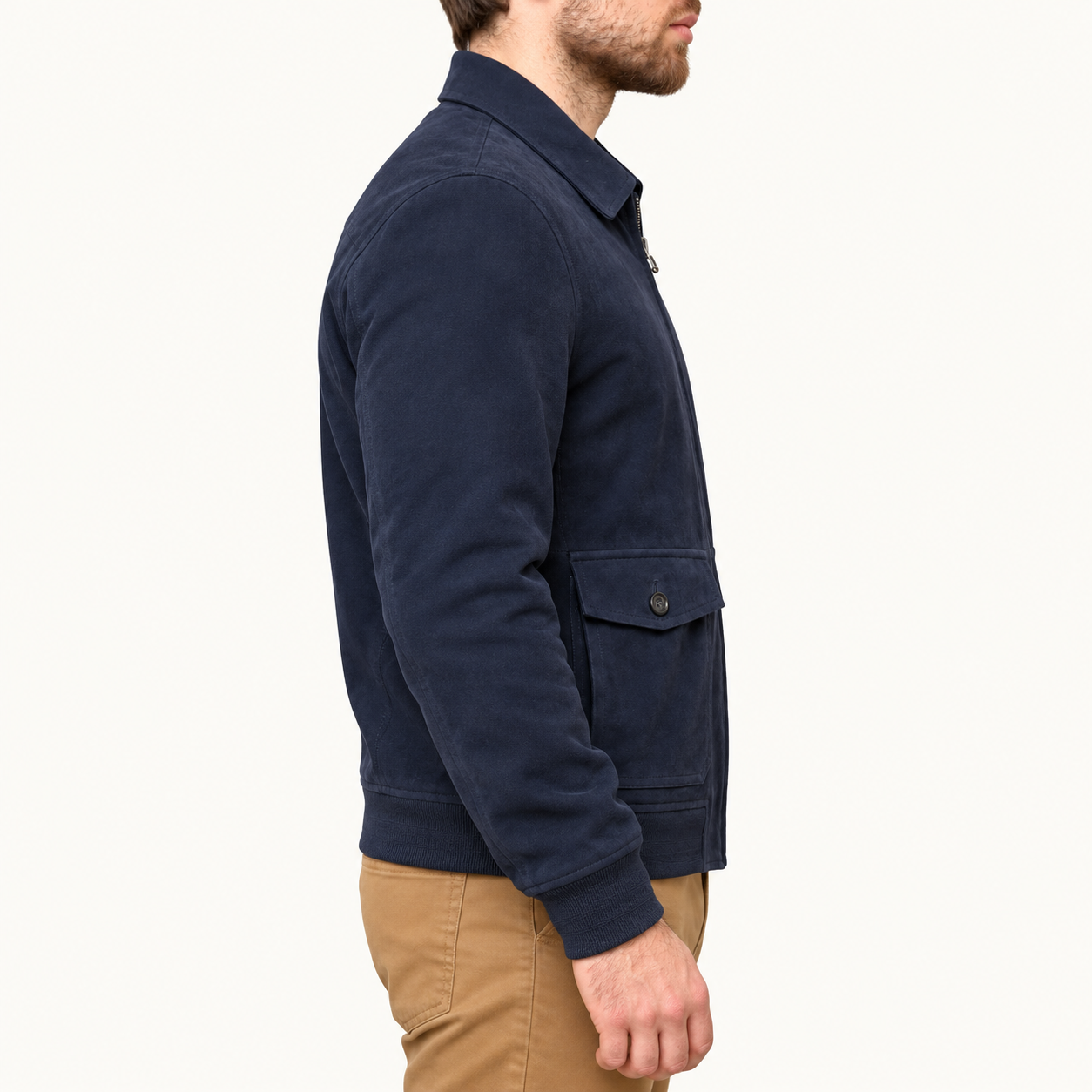 Men's Classic Navy Blue Suede Leather Bomber Jacket – Zip-Up Jacket with Utility Pockets Gallery